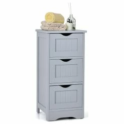 Cheap ❤️ Costway Bathroom Floor Cabinet Freestanding Storage Organizer W/ 3 Drawers Grey 😀