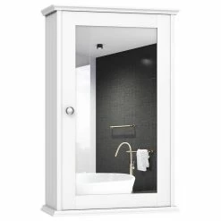 Promo 🎁 Costway New Bathroom Wall Cabinet Single Mirror Door Storage Wood Shelf White ⌛